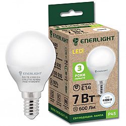 Лампа свiтлодiодна ENERLIGHT Р45 7Вт 4100К Е14, гарантiя 2 роки